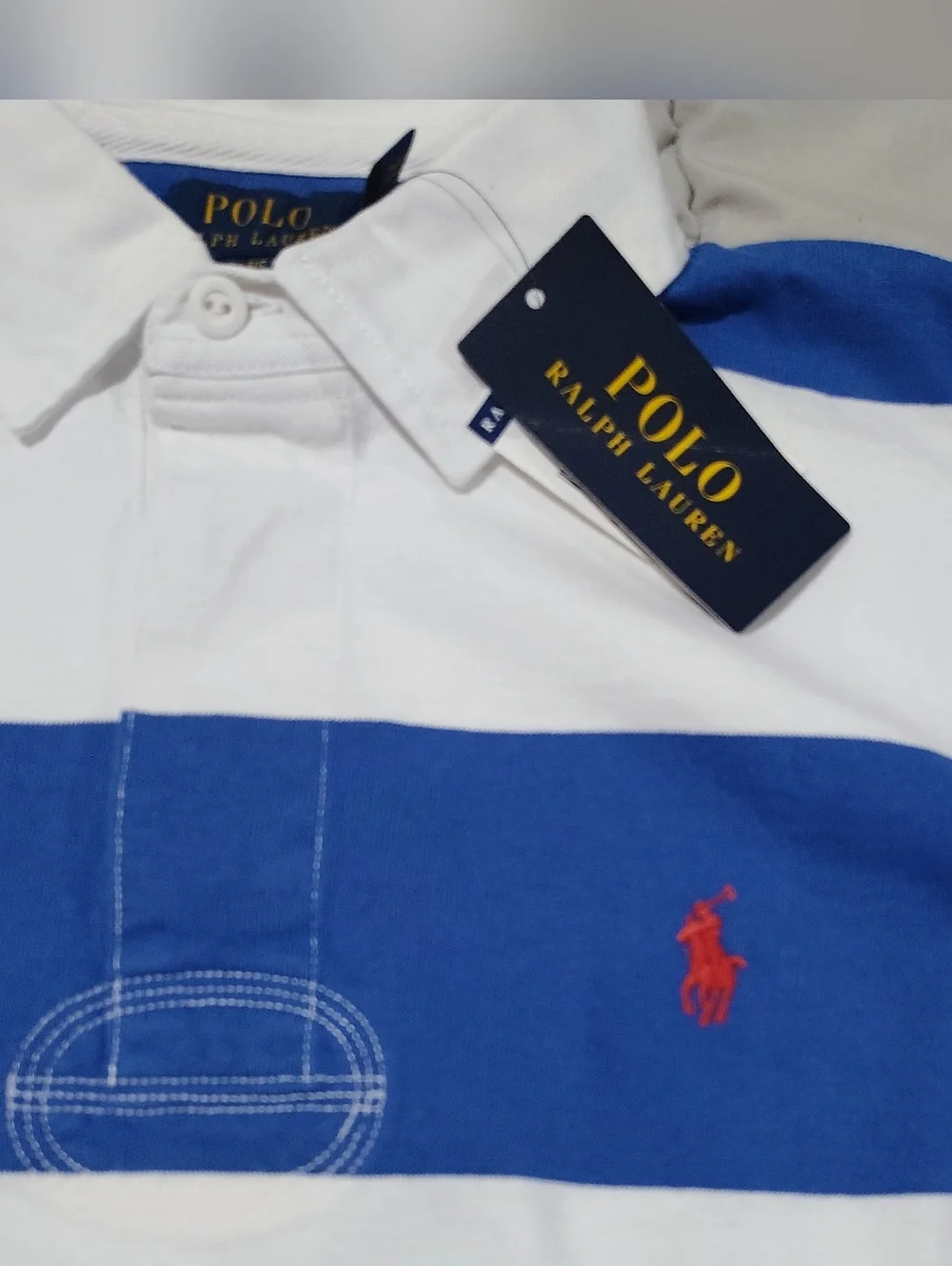 Ralph Lauren Men's Blue and White Striped Rugby Polo Size Medium NWT - Picture 2 of 5